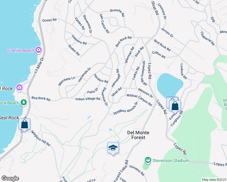 map of restaurants, bars, coffee shops, grocery stores, and more near 3125 Hermitage Road in Del Monte Forest