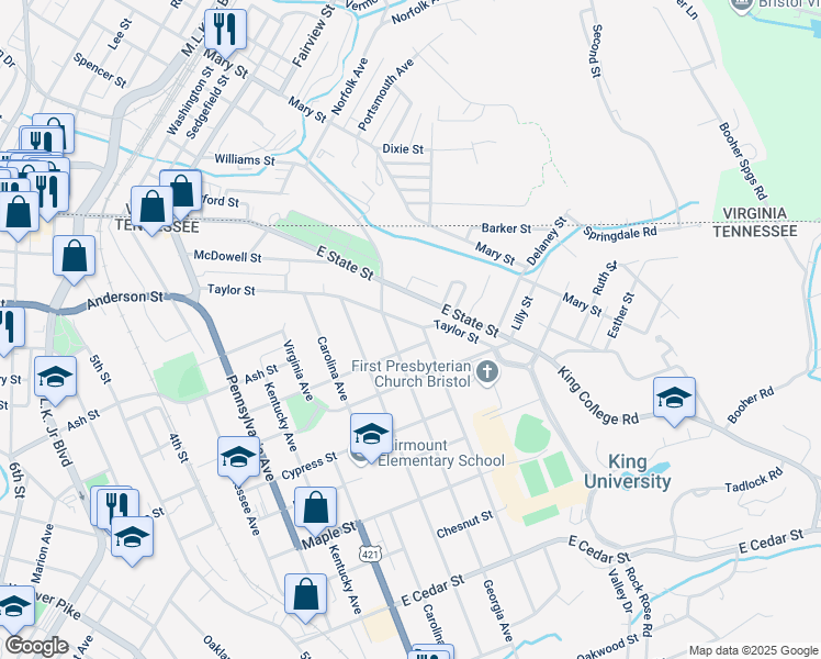 map of restaurants, bars, coffee shops, grocery stores, and more near 724 Taylor Street in Bristol