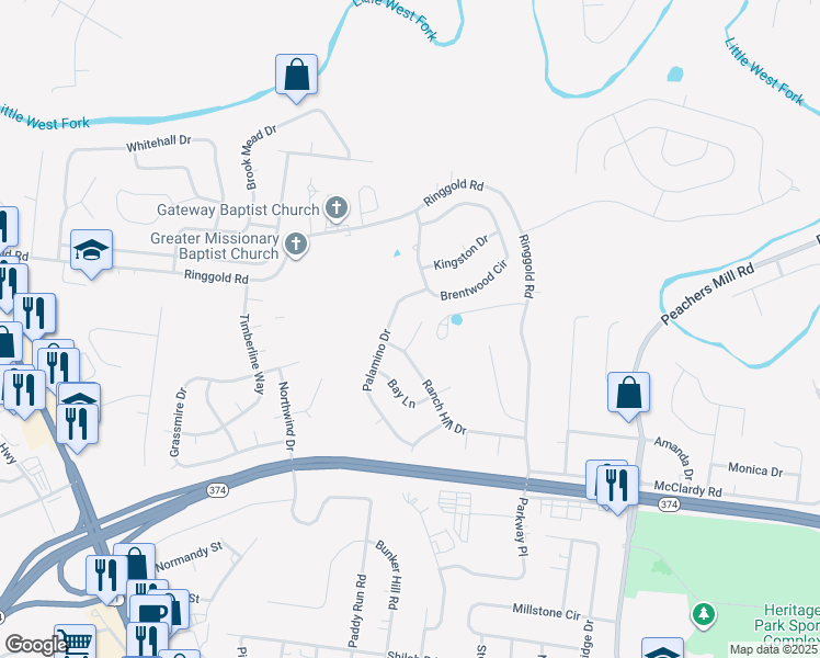 map of restaurants, bars, coffee shops, grocery stores, and more near 1835 Palamino Drive in Clarksville