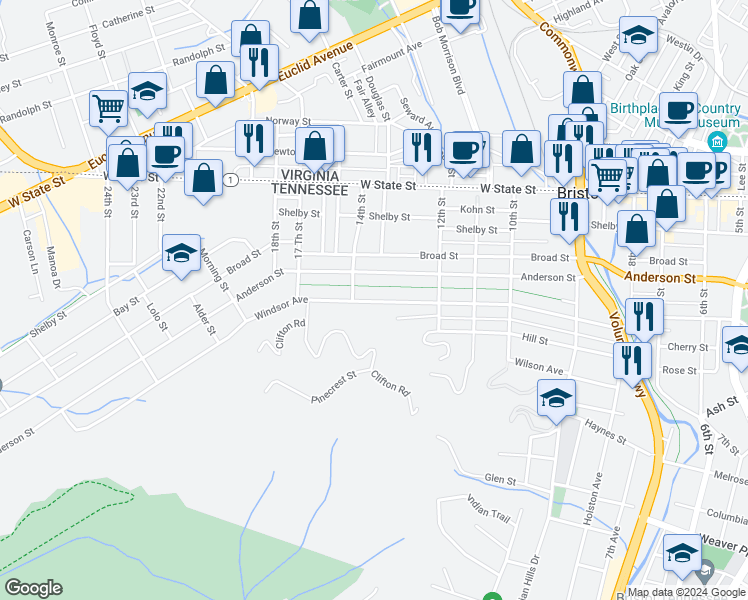 map of restaurants, bars, coffee shops, grocery stores, and more near 1240 Windsor Avenue in Bristol