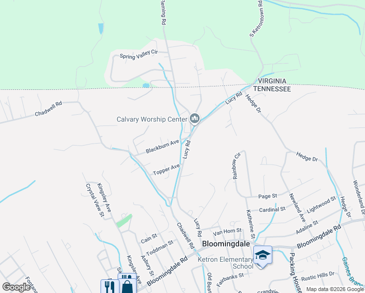 map of restaurants, bars, coffee shops, grocery stores, and more near 411 Lucy Road in Kingsport