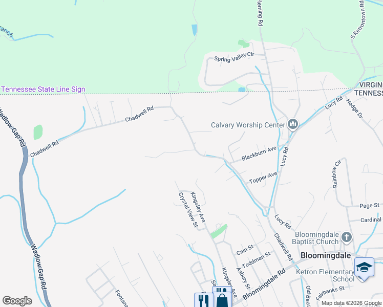map of restaurants, bars, coffee shops, grocery stores, and more near 528 Chadwell Road in Kingsport