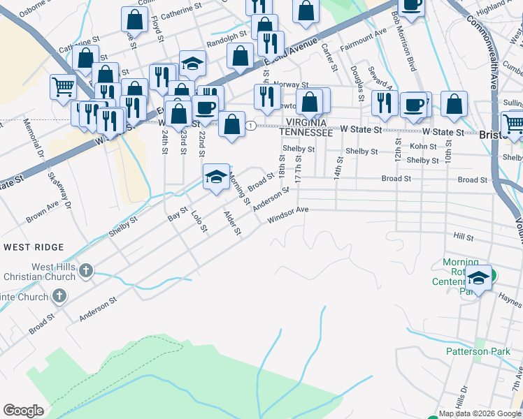 map of restaurants, bars, coffee shops, grocery stores, and more near 1733 Windsor Avenue in Bristol