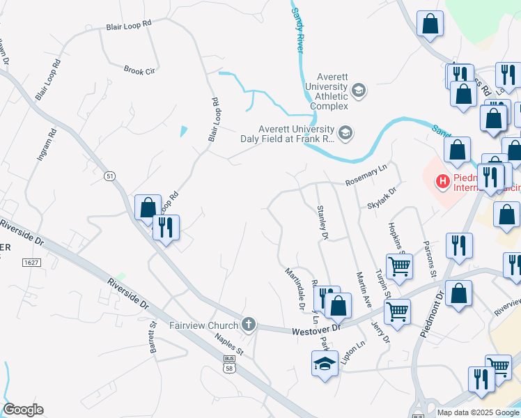 map of restaurants, bars, coffee shops, grocery stores, and more near 99 Sanford Road in Danville