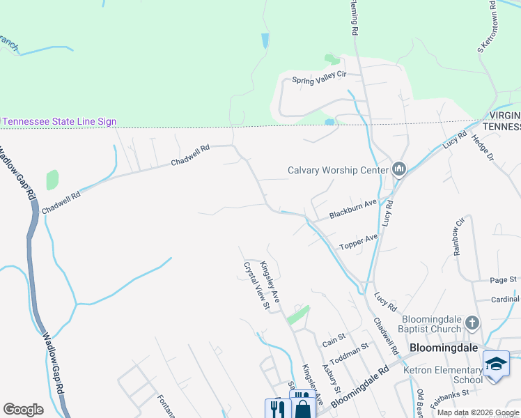 map of restaurants, bars, coffee shops, grocery stores, and more near 528 Chadwell Road in Kingsport