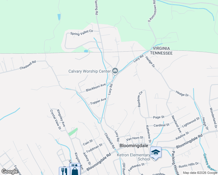 map of restaurants, bars, coffee shops, grocery stores, and more near 424 Lucy Road in Kingsport