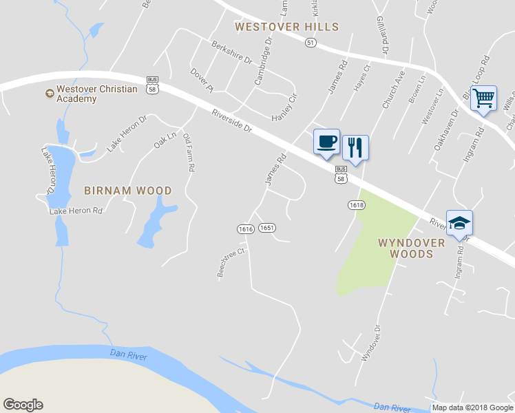map of restaurants, bars, coffee shops, grocery stores, and more near 228 State Route 1616 in Danville