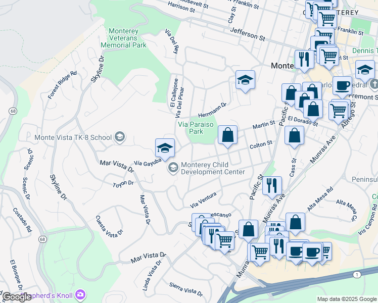 map of restaurants, bars, coffee shops, grocery stores, and more near 240 Vía Paraiso in Monterey