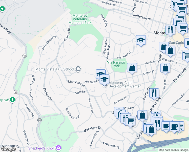 map of restaurants, bars, coffee shops, grocery stores, and more near Walter Colton Drive in Monterey
