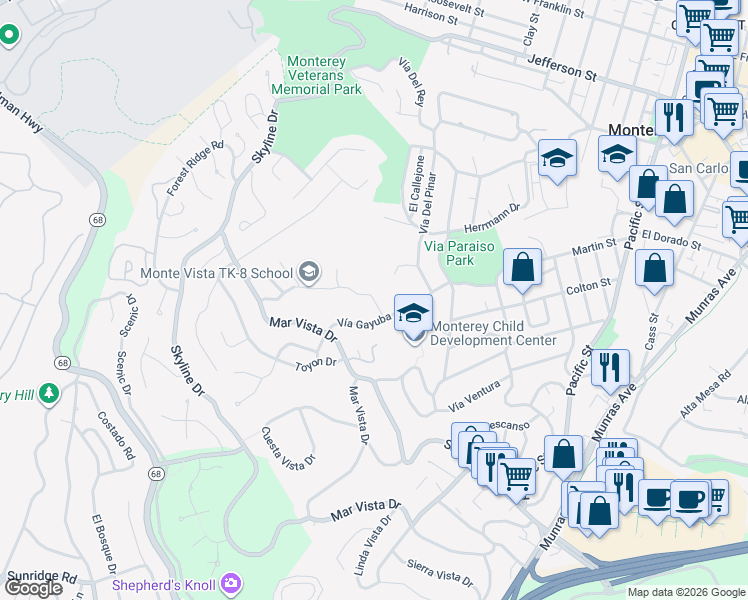 map of restaurants, bars, coffee shops, grocery stores, and more near Walter Colton Drive in Monterey