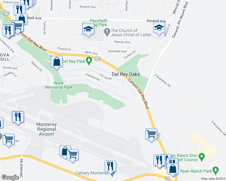 map of restaurants, bars, coffee shops, grocery stores, and more near 1090 Rosita Road in Del Rey Oaks