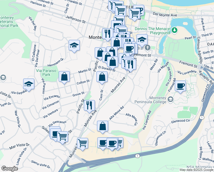 map of restaurants, bars, coffee shops, grocery stores, and more near 1035 Cass Street in Monterey