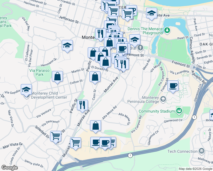map of restaurants, bars, coffee shops, grocery stores, and more near 1035 Cass Street in Monterey