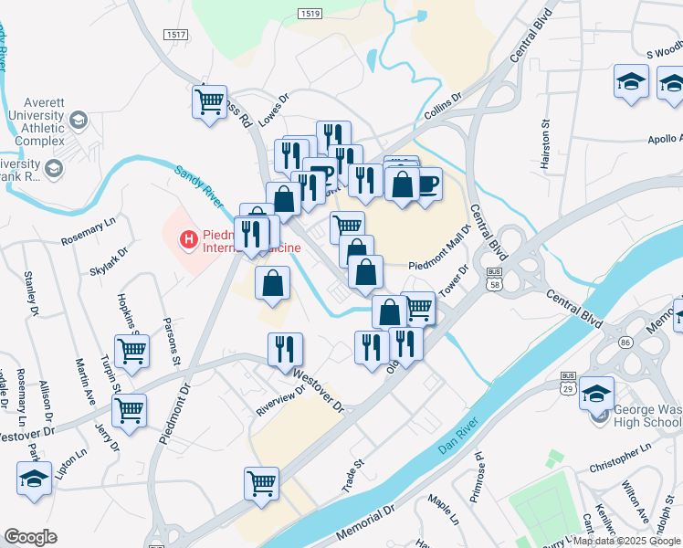 map of restaurants, bars, coffee shops, grocery stores, and more near 450 Mall Drive in Danville