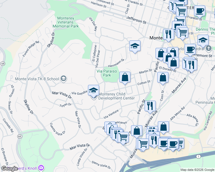 map of restaurants, bars, coffee shops, grocery stores, and more near 970 Colton Street in Monterey