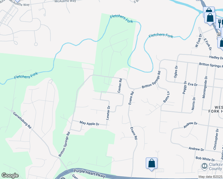 map of restaurants, bars, coffee shops, grocery stores, and more near 926 Center Road in Clarksville