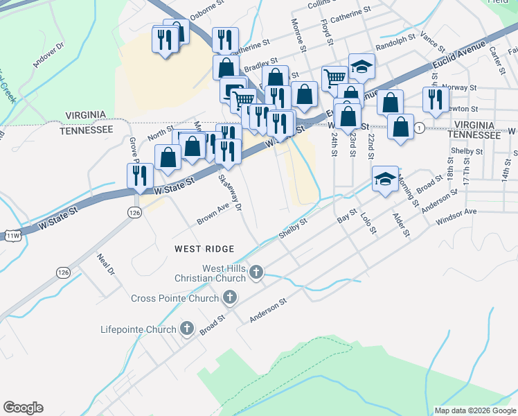 map of restaurants, bars, coffee shops, grocery stores, and more near 133 Sycamore Drive in Bristol