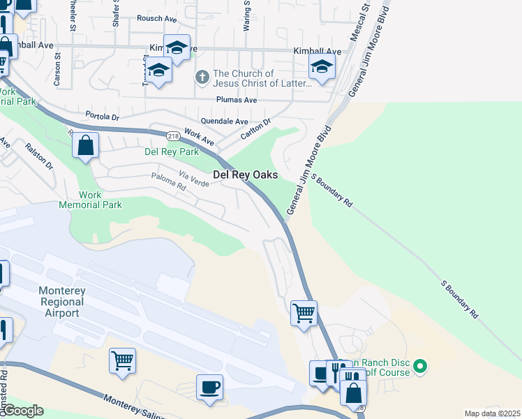 map of restaurants, bars, coffee shops, grocery stores, and more near 50 Los Encinos Drive in Del Rey Oaks