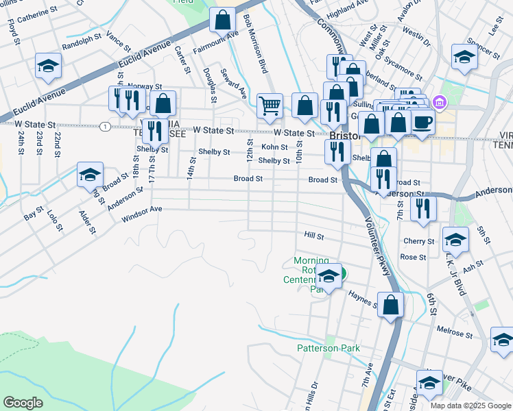 map of restaurants, bars, coffee shops, grocery stores, and more near 1114 Windsor Avenue in Bristol