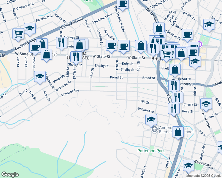 map of restaurants, bars, coffee shops, grocery stores, and more near 1212 Windsor Avenue in Bristol