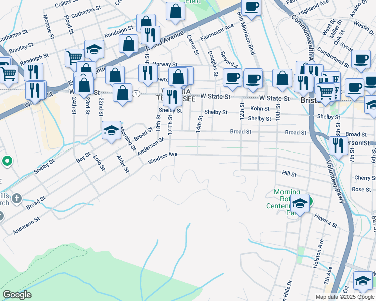 map of restaurants, bars, coffee shops, grocery stores, and more near 1432 Windsor Avenue in Bristol