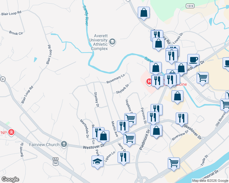 map of restaurants, bars, coffee shops, grocery stores, and more near 291 Turpin Street in Danville
