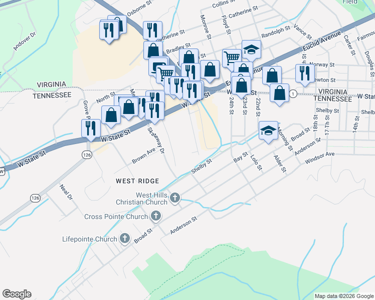 map of restaurants, bars, coffee shops, grocery stores, and more near 133 Sycamore Drive in Bristol