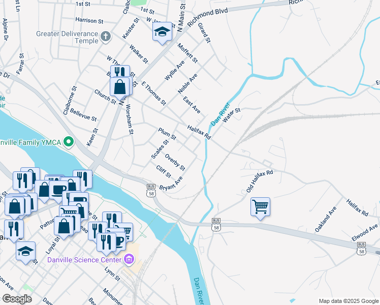map of restaurants, bars, coffee shops, grocery stores, and more near 518 Plum Street in Danville