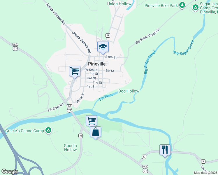 map of restaurants, bars, coffee shops, grocery stores, and more near Rock St in Pineville