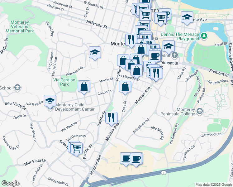 map of restaurants, bars, coffee shops, grocery stores, and more near 880 Lomita Street in Monterey