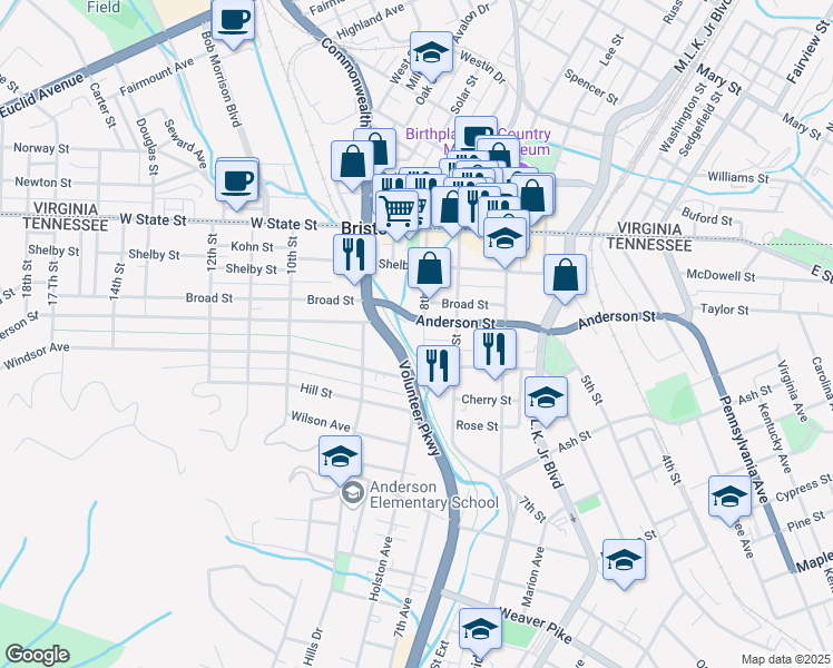 map of restaurants, bars, coffee shops, grocery stores, and more near 777 Anderson Street in Bristol