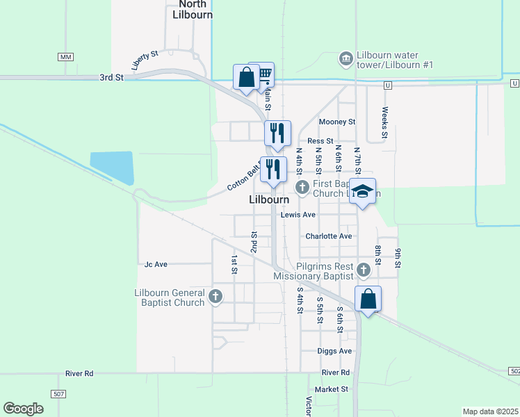 map of restaurants, bars, coffee shops, grocery stores, and more near in Lilbourn