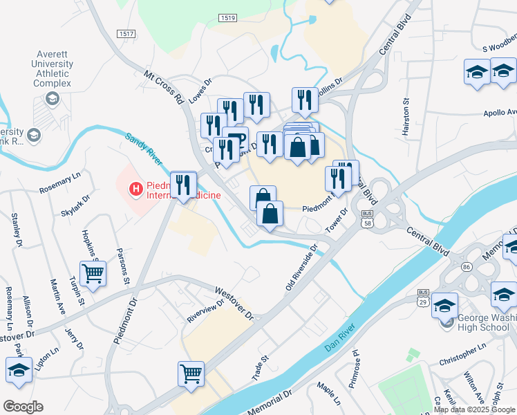 map of restaurants, bars, coffee shops, grocery stores, and more near 450 Mall Drive in Danville