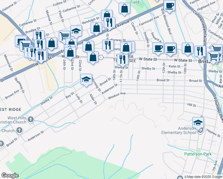 map of restaurants, bars, coffee shops, grocery stores, and more near 1713 Anderson Street in Bristol