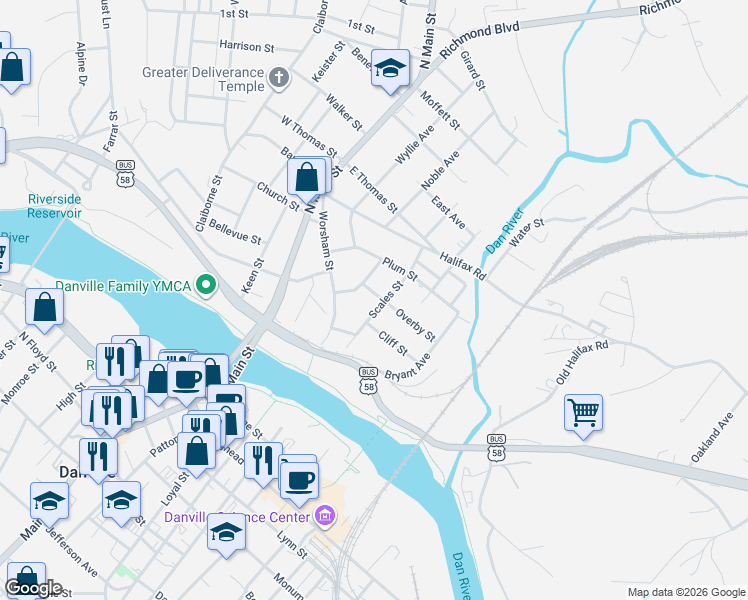 map of restaurants, bars, coffee shops, grocery stores, and more near 300 Overby Street in Danville