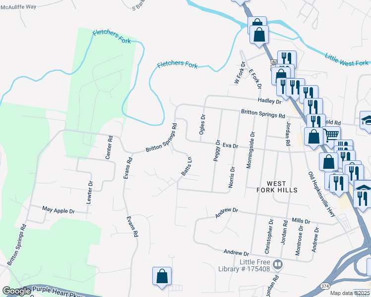 map of restaurants, bars, coffee shops, grocery stores, and more near 610 Eva Drive in Clarksville