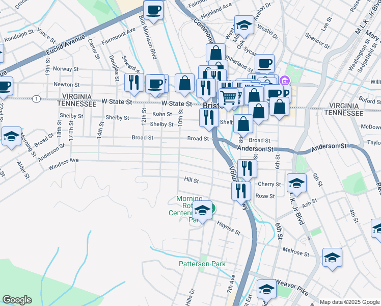 map of restaurants, bars, coffee shops, grocery stores, and more near 924 Anderson Street in Bristol