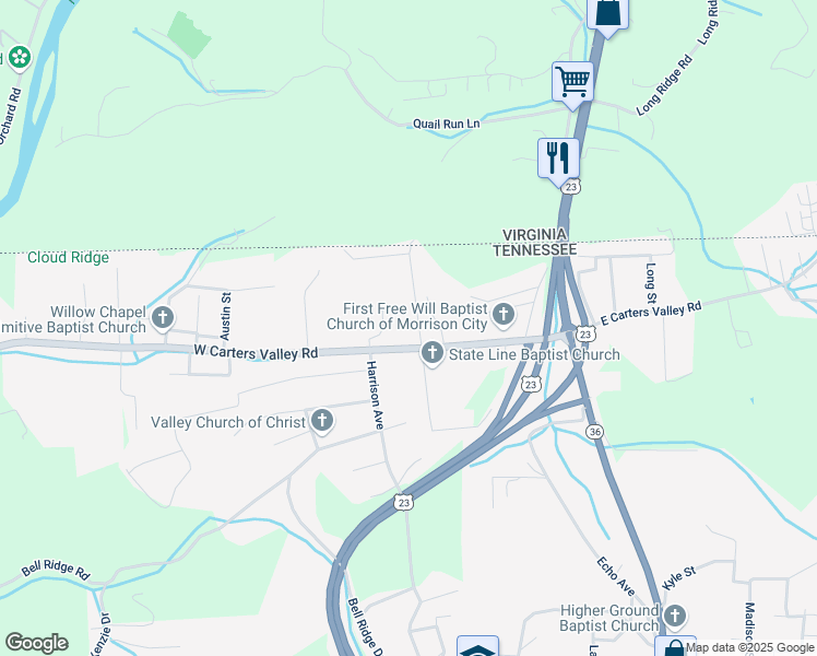 map of restaurants, bars, coffee shops, grocery stores, and more near 2016 Flanders Street in Kingsport