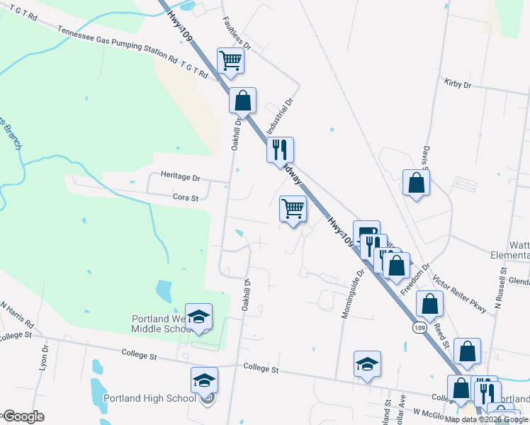 map of restaurants, bars, coffee shops, grocery stores, and more near 109B Gayla Court in Portland