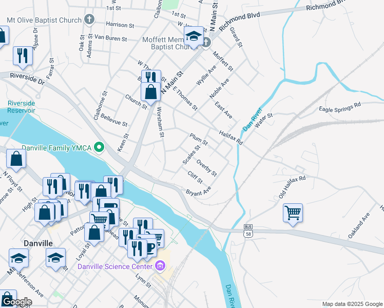 map of restaurants, bars, coffee shops, grocery stores, and more near Scales Street in Danville