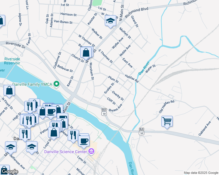 map of restaurants, bars, coffee shops, grocery stores, and more near Scales Street in Danville