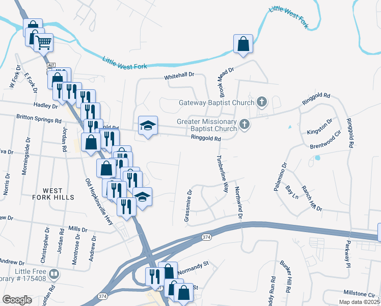 map of restaurants, bars, coffee shops, grocery stores, and more near 300 Ringgold Road in Clarksville