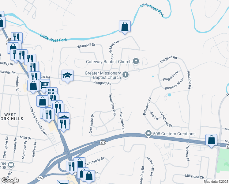 map of restaurants, bars, coffee shops, grocery stores, and more near 104 Greenland Court in Clarksville