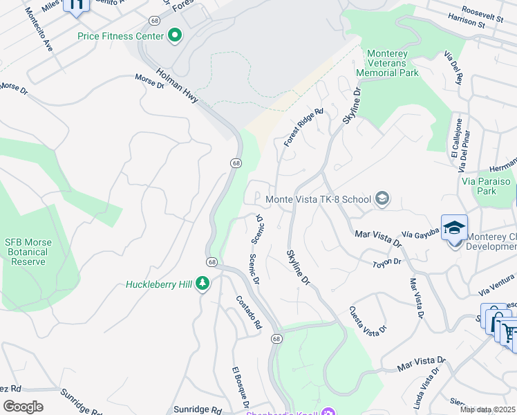 map of restaurants, bars, coffee shops, grocery stores, and more near 16 Skyline Crest in Monterey