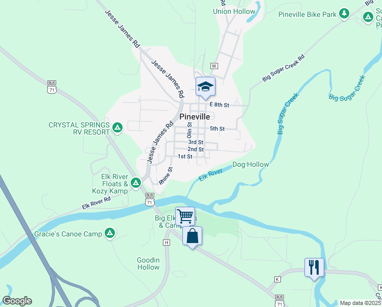 map of restaurants, bars, coffee shops, grocery stores, and more near 100 Olin Street in Pineville