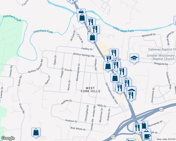 map of restaurants, bars, coffee shops, grocery stores, and more near 207 Eva Drive in Clarksville