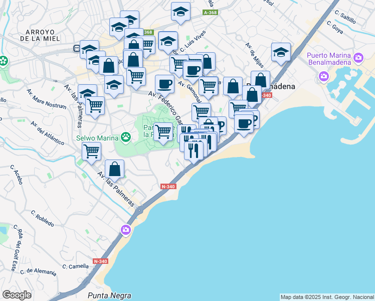 map of restaurants, bars, coffee shops, grocery stores, and more near 4 Avenida Federico García Lorca in Benalmádena