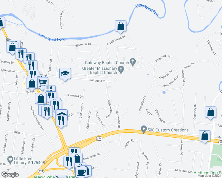 map of restaurants, bars, coffee shops, grocery stores, and more near 108 Greenland Court in Clarksville