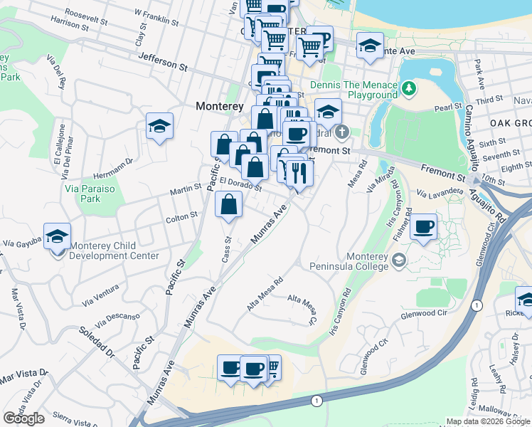 map of restaurants, bars, coffee shops, grocery stores, and more near 936 Munras Avenue in Monterey
