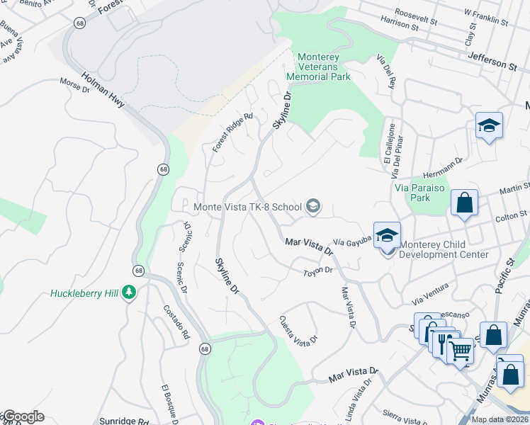 map of restaurants, bars, coffee shops, grocery stores, and more near 621 Dry Creek Road in Monterey